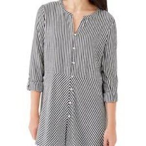 J. Jill Gray and White Striped Button Down Long Roll Sleeve Blouse